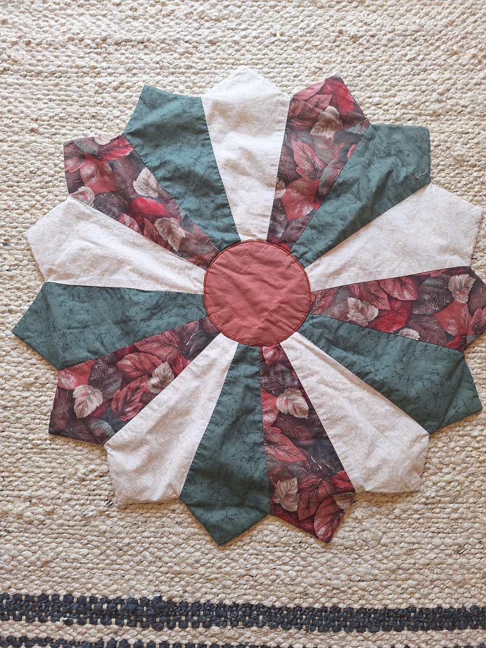 Handmade Fall Leaf Patchwork Table Topper - Red, Green, Cream